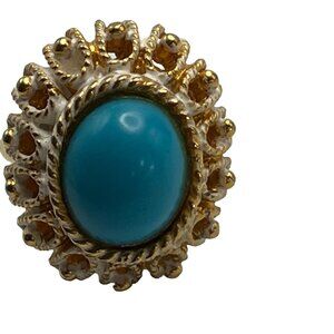 Vintage Fashion Ring Faux Turquoise Gold Tone and White Enamel Adjustable Ring